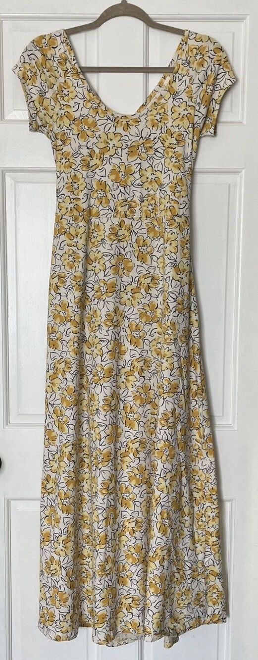 Pact Maxi Dress Medium Fit Flare Yellow Floral Open Back Sustainable Earthy